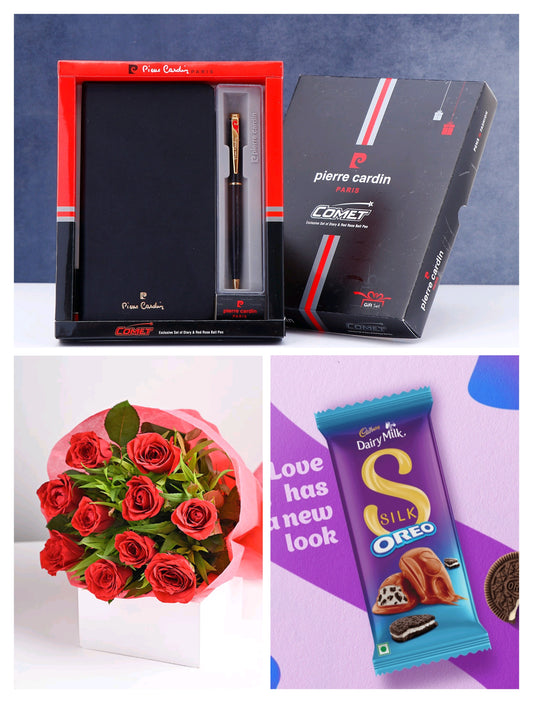 Pierre cardin comet+flower bouquet+dairy milk oreo chocolate combo